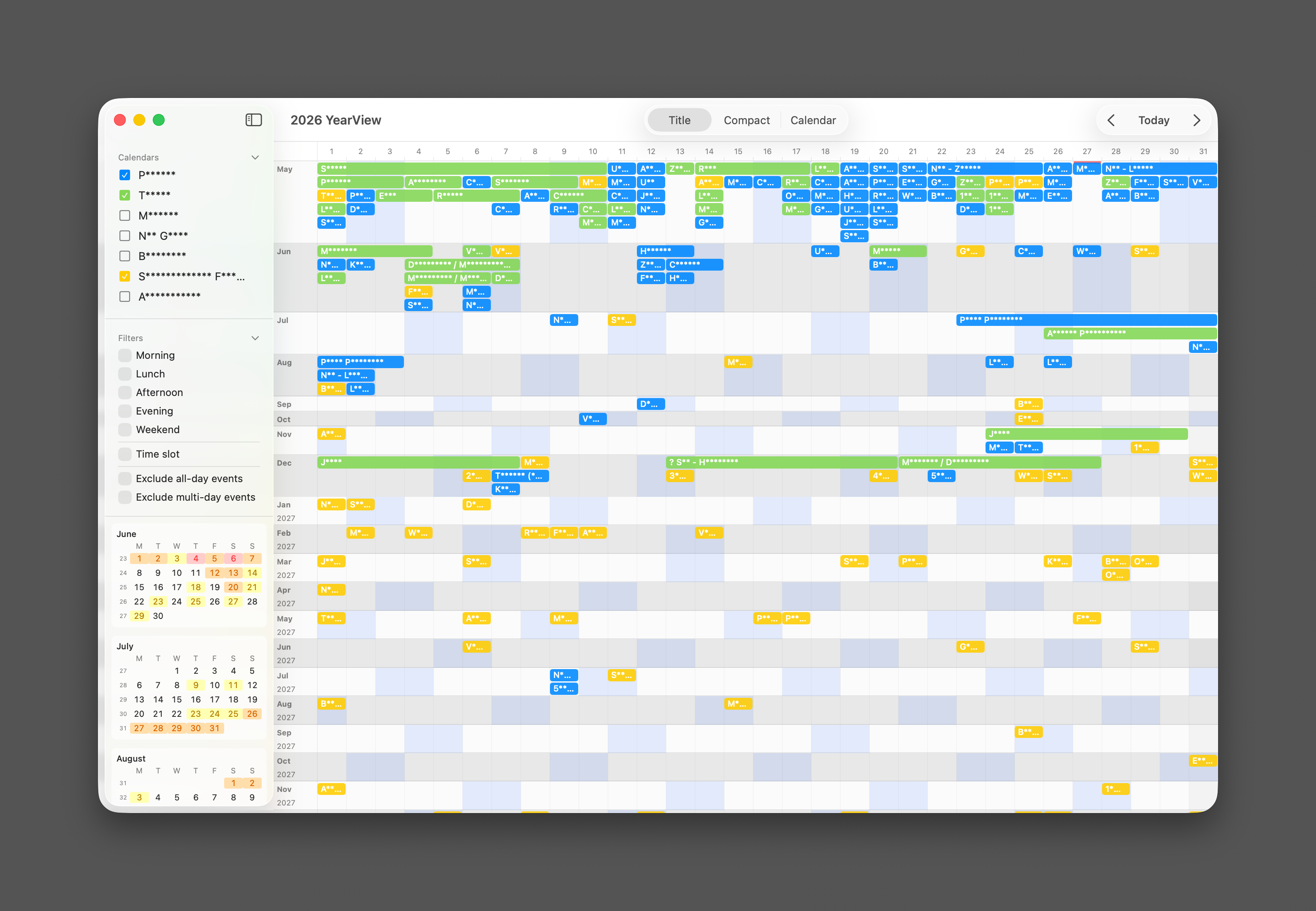 Titles View — event bars with names span days in the year grid